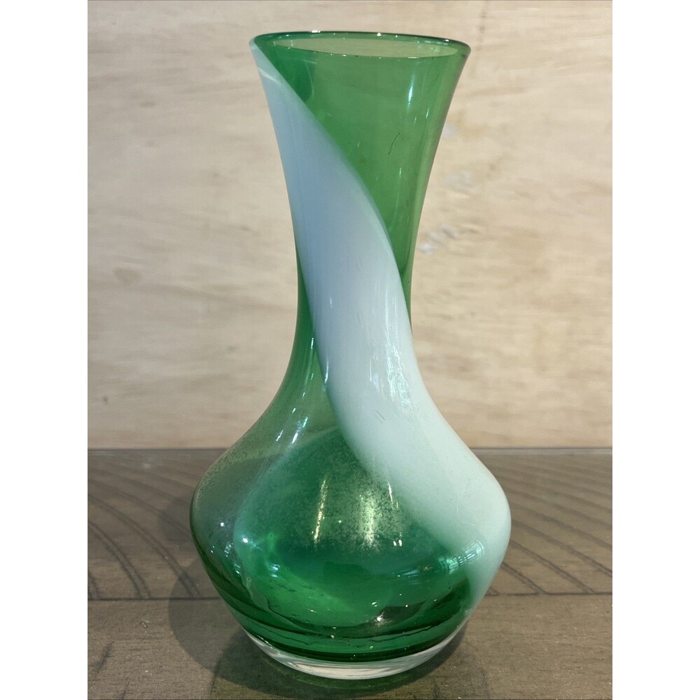 Vintage Green Bud Vase White Swirled Glass Opaline Retro VTG